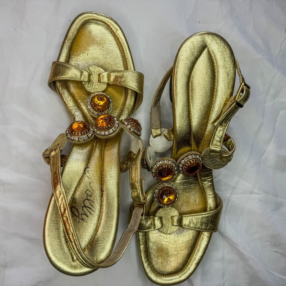 Vtg Polly of California Gold Metallic Amber Rhinestone Slingback Heels